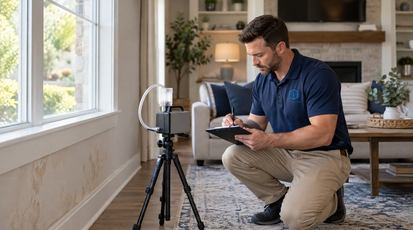 Inspector collecting an indoor air sample for mold testing