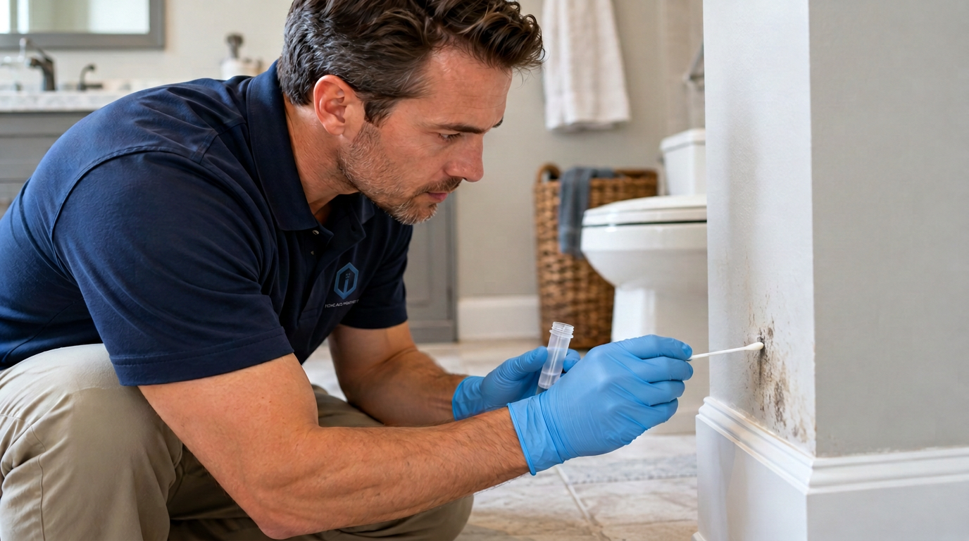 Inspector collecting a surface swab sample from a wall